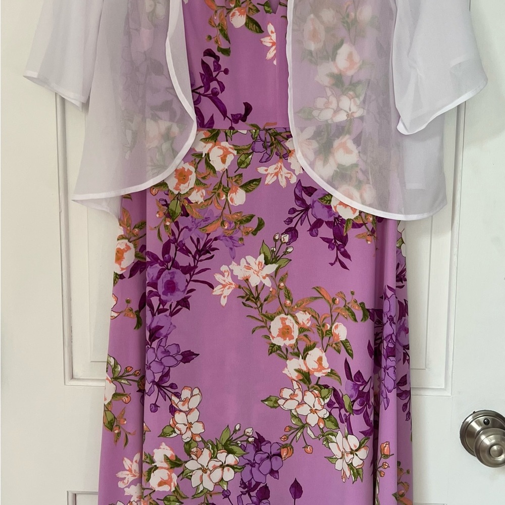 London Times Purple Floral Dress with Sheer White Overlay